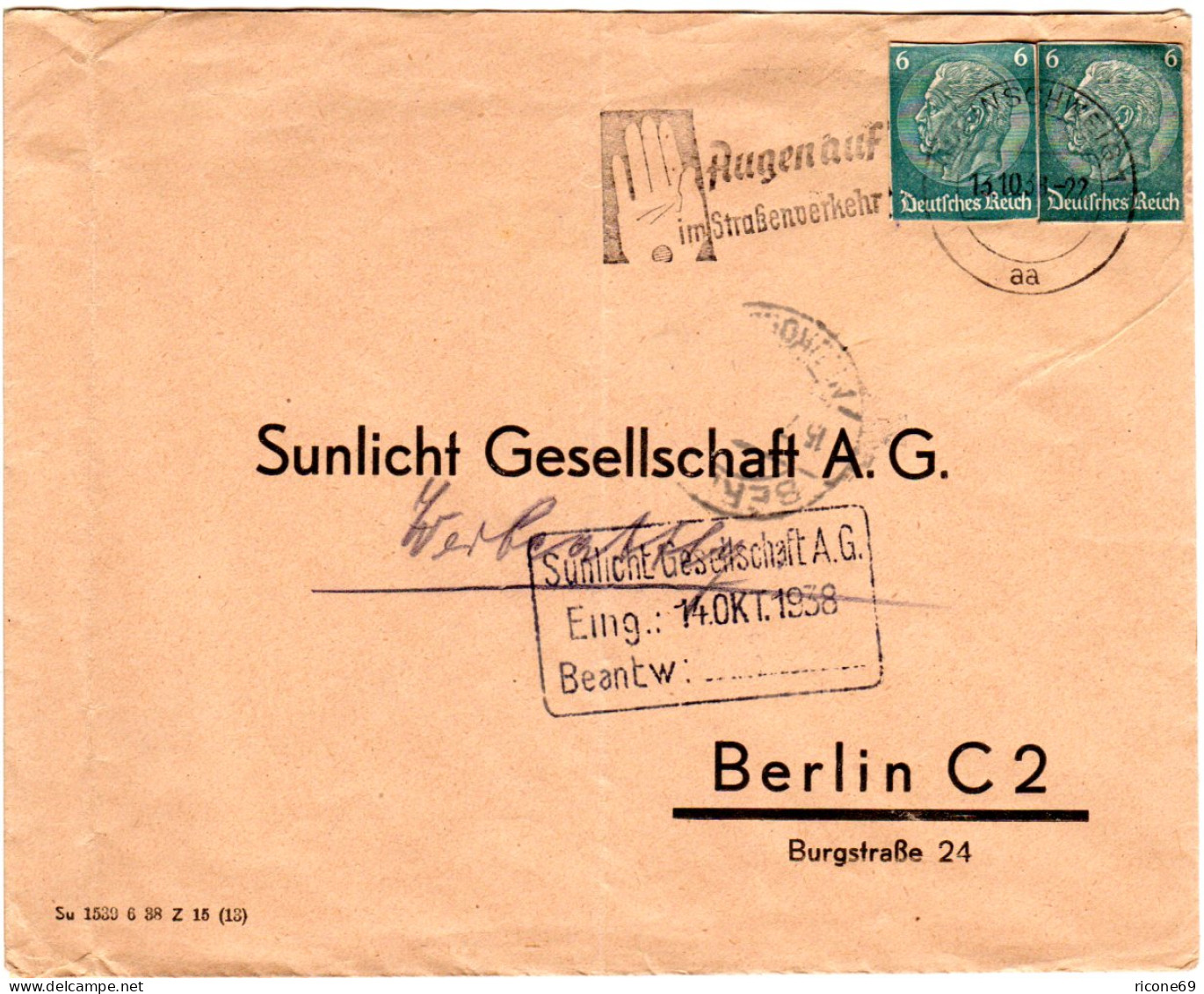 DR 1938, 2x6 Pf. Ganzsachen Ausschnitte Auf Brief V. Braunschweig - Cartas & Documentos