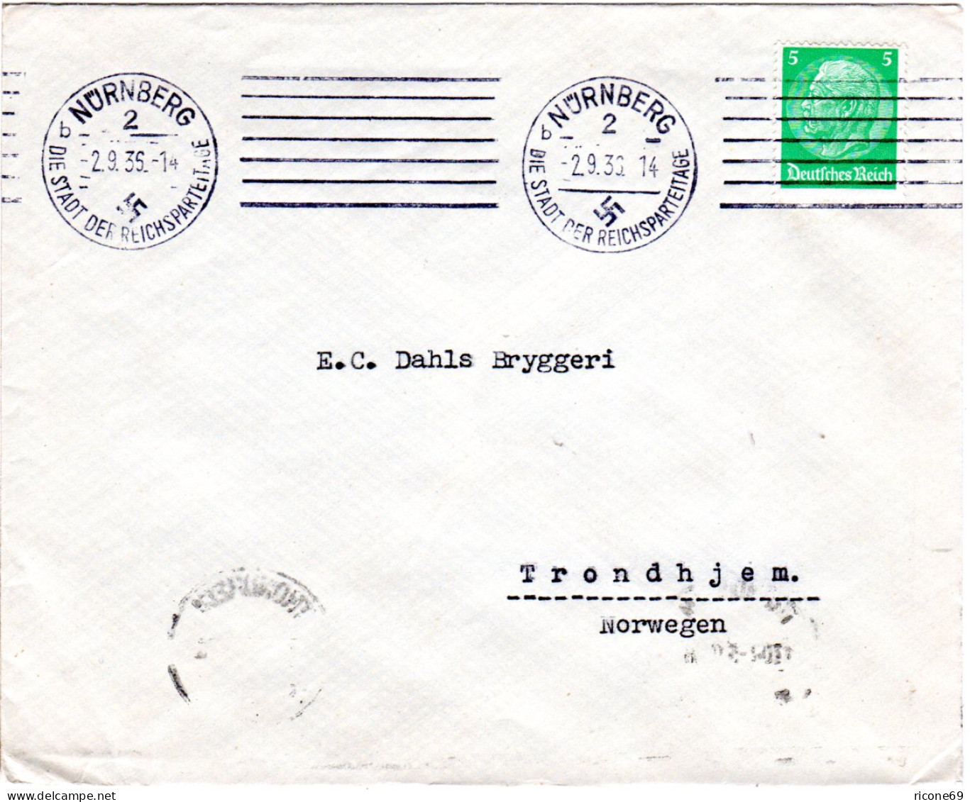 DR 1936, EF 5 Pf. Auf Drucksache Brief V. Nürnberg N. Norwegen. - Briefe U. Dokumente