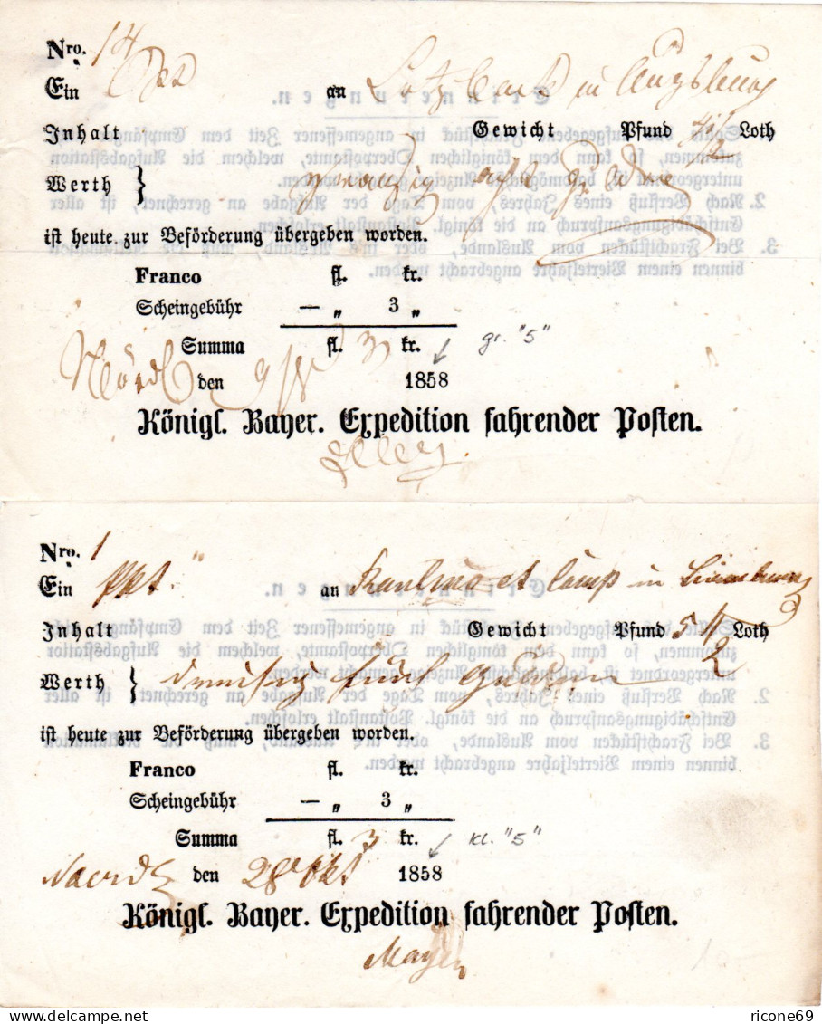 Bayern, 2 Postscheine V Nördlingen M. Gr.+kl. 5 In Eingedruckter Jahreszahl 1858 - Prefilatelia