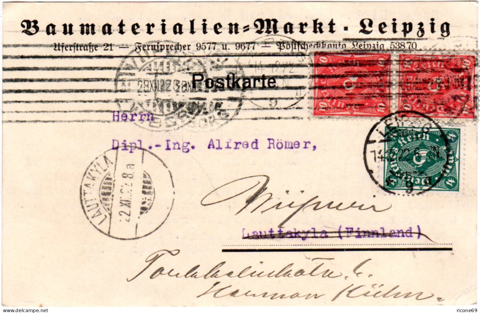 DR 1922, 4+Paar 10 Mk. Auf Firmen Karte V. Leipzig N. Finnland. Nachsendung - Briefe U. Dokumente