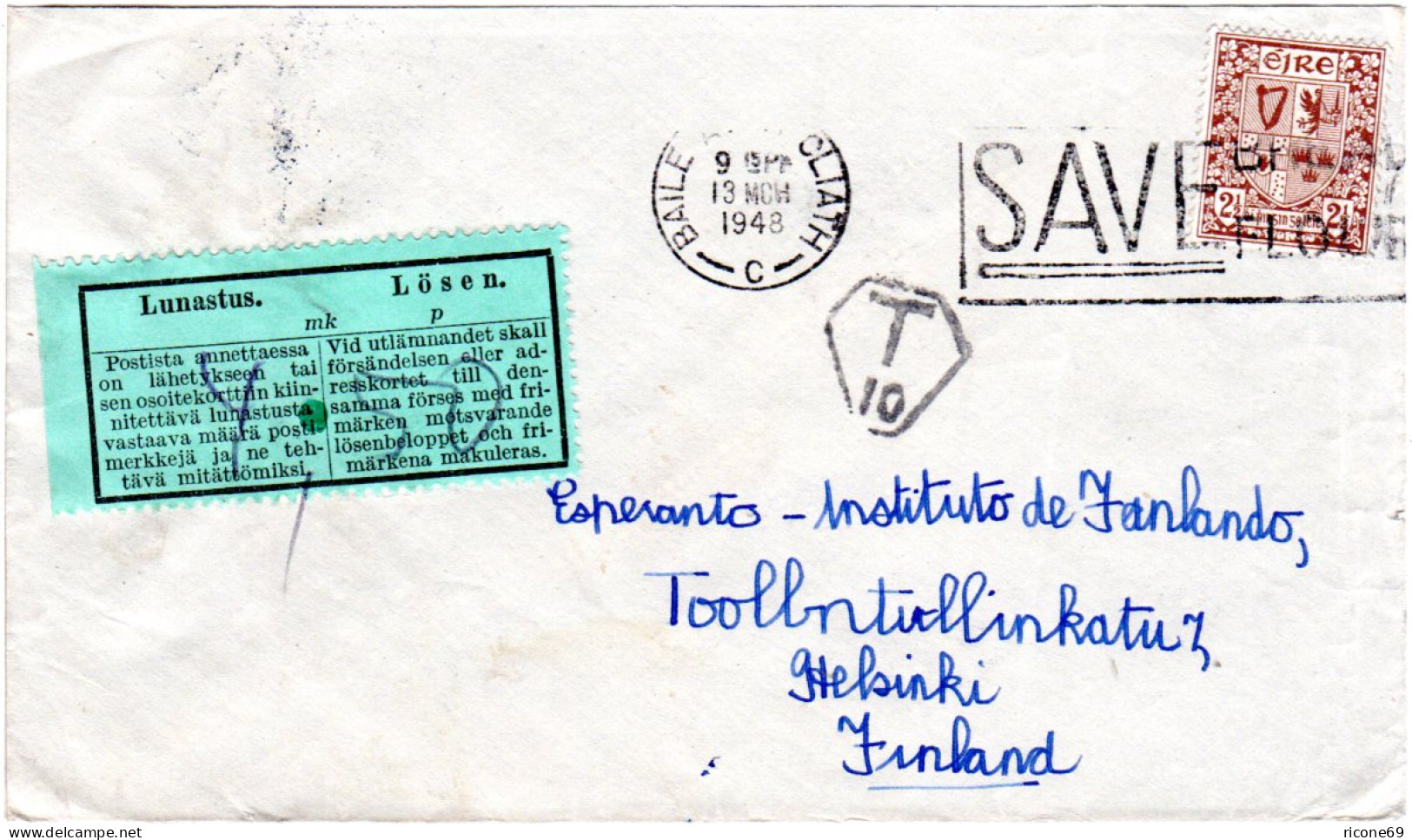 Irland 1948, 2 1/2 P. Auf Brief M. T Stpl. U. Finnland Lösen 4,50 Mk. Etikett - Autres & Non Classés