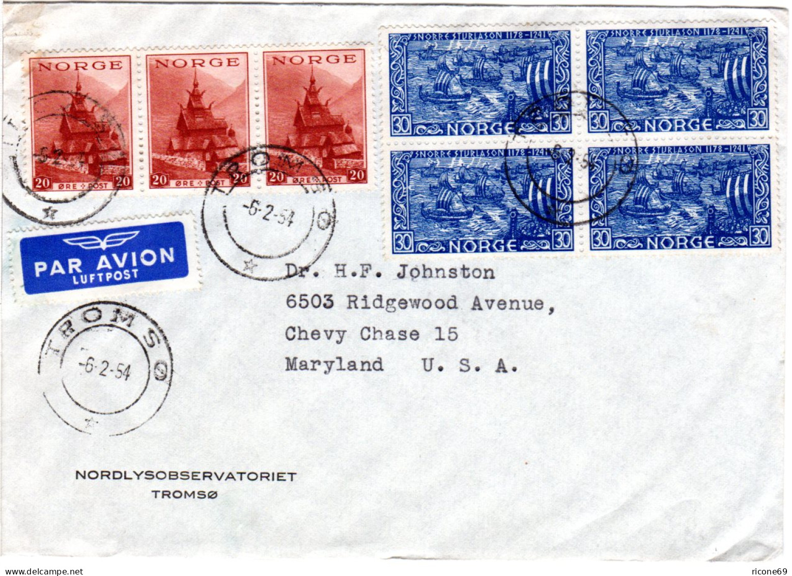 Norwegen 1954, 7 Marken Auf Luftpost Brief V. TROMSÖ N. USA - Cartas & Documentos
