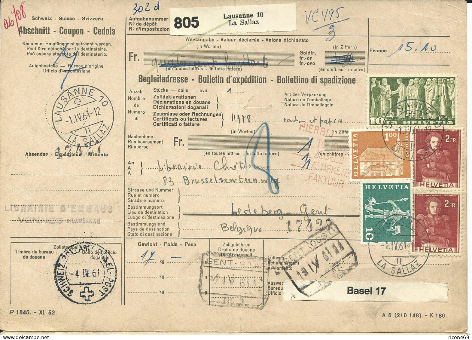 Schweiz 1961, 5 Marken Auf Paketkarte V. Lausanne La Sallaz N. Belgien - Andere & Zonder Classificatie