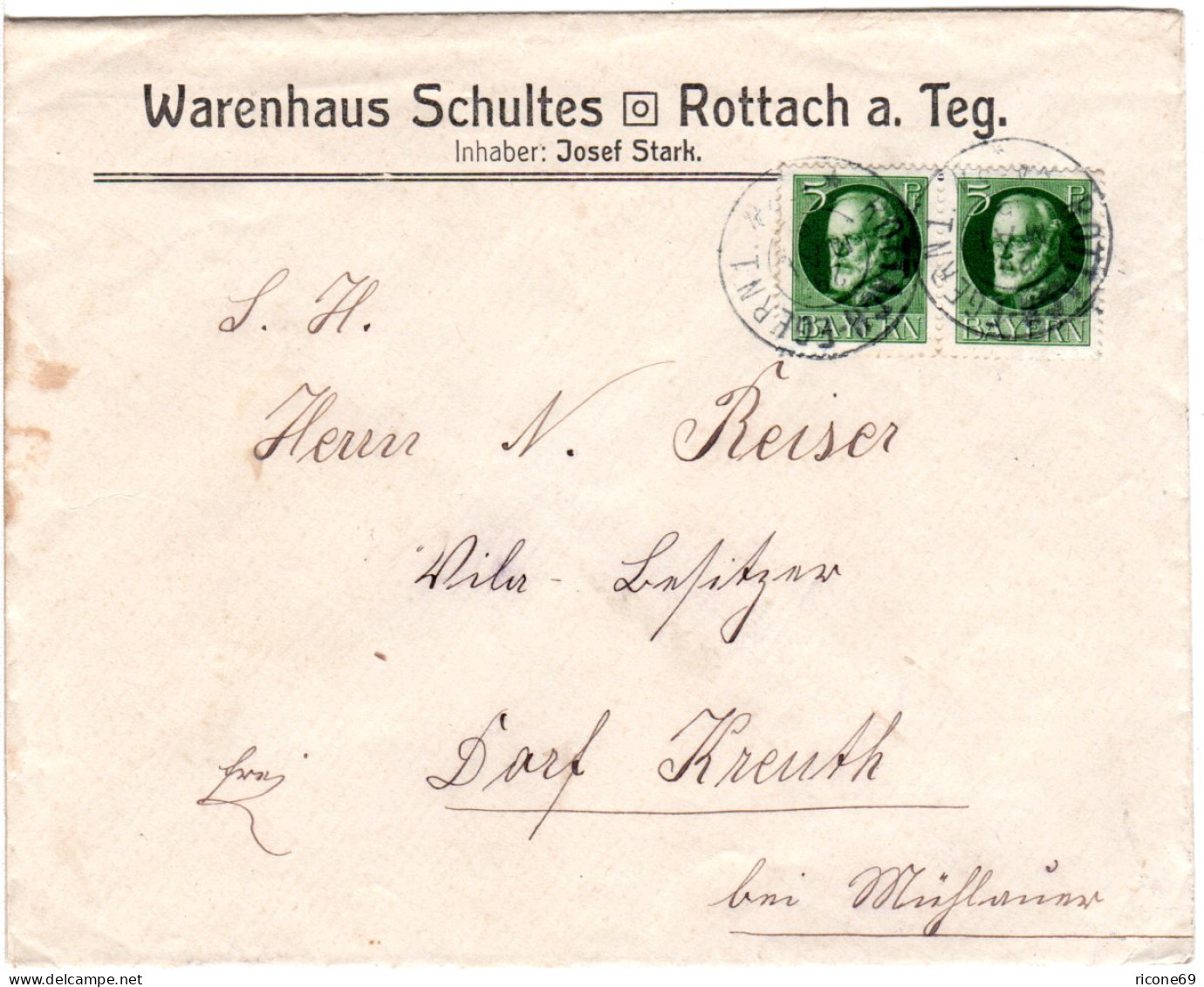 Bayern 1916, Paar 5 Pf. Ludwig Auf Firmen Brief V. ROTTACH-EGERN N. Dorf Kreuth - Brieven En Documenten