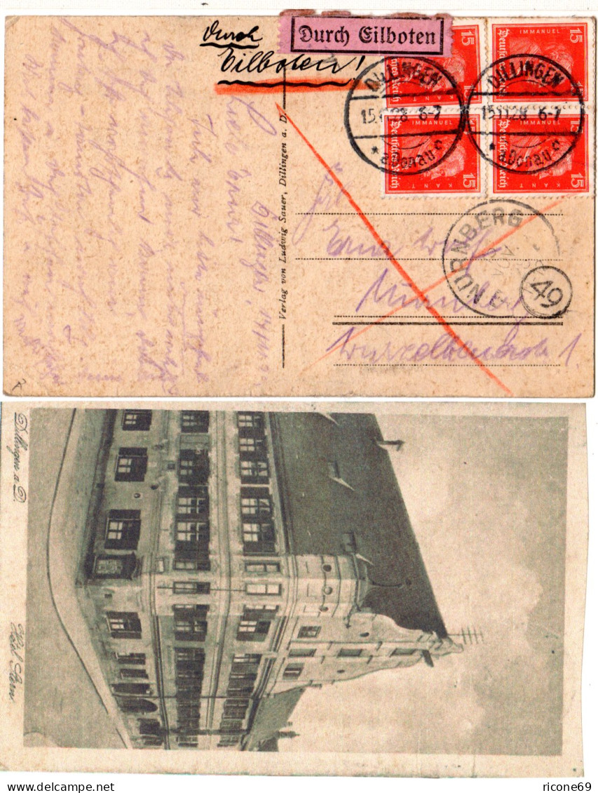 DR 1928, MeF 4x15 Pf. Kant Auf Eilboten Postkarte V. DILLINGEN A. Donau - Brieven En Documenten