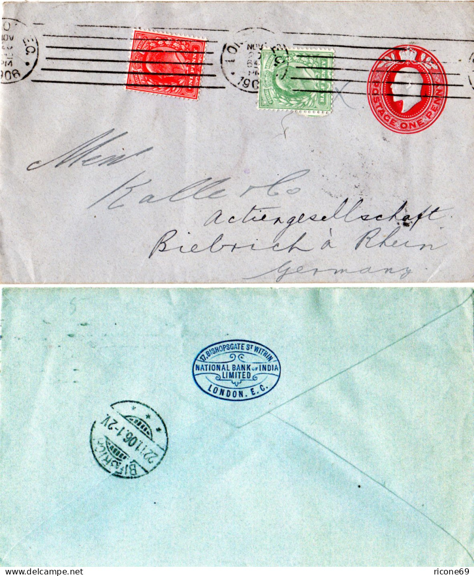 GB 1906, 1d India Bank Privat Ganzsache Brief M. 1/2+1d V. London N. Deutschland - Autres & Non Classés