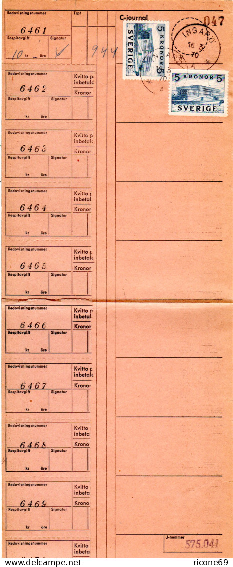 Schweden 1970, MeF 2x5 Kr. Auf Postformular M. K1 INGARÖ - Brieven En Documenten