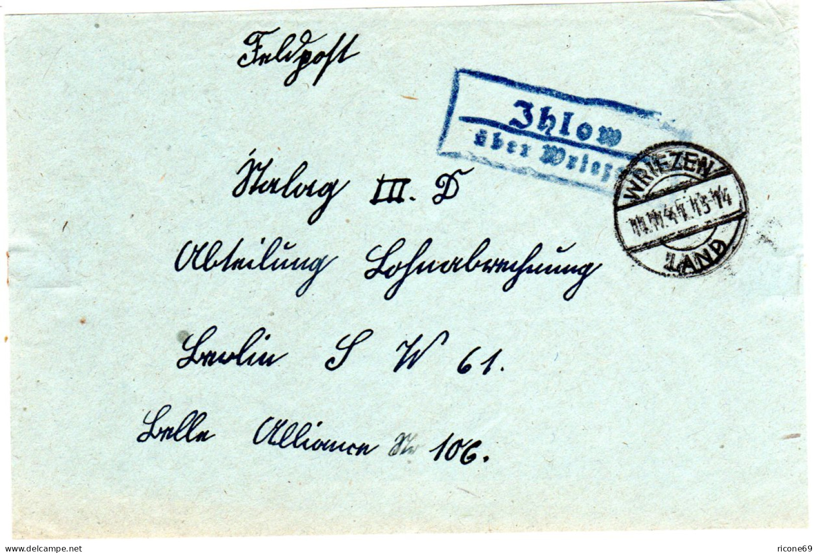DR 1941, Landpoststpl. JHLOW über Wriezen Auf Feldpost Briefteil  - Covers & Documents