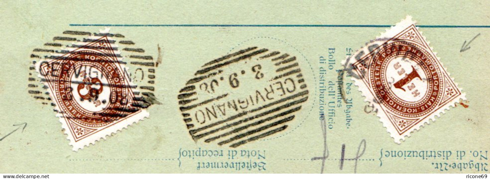 Österreich 1908, 2 Versch. Cervignano Stpl. Rs. Auf Paketkarte M. 1+3 H. Porto.  - Briefe U. Dokumente