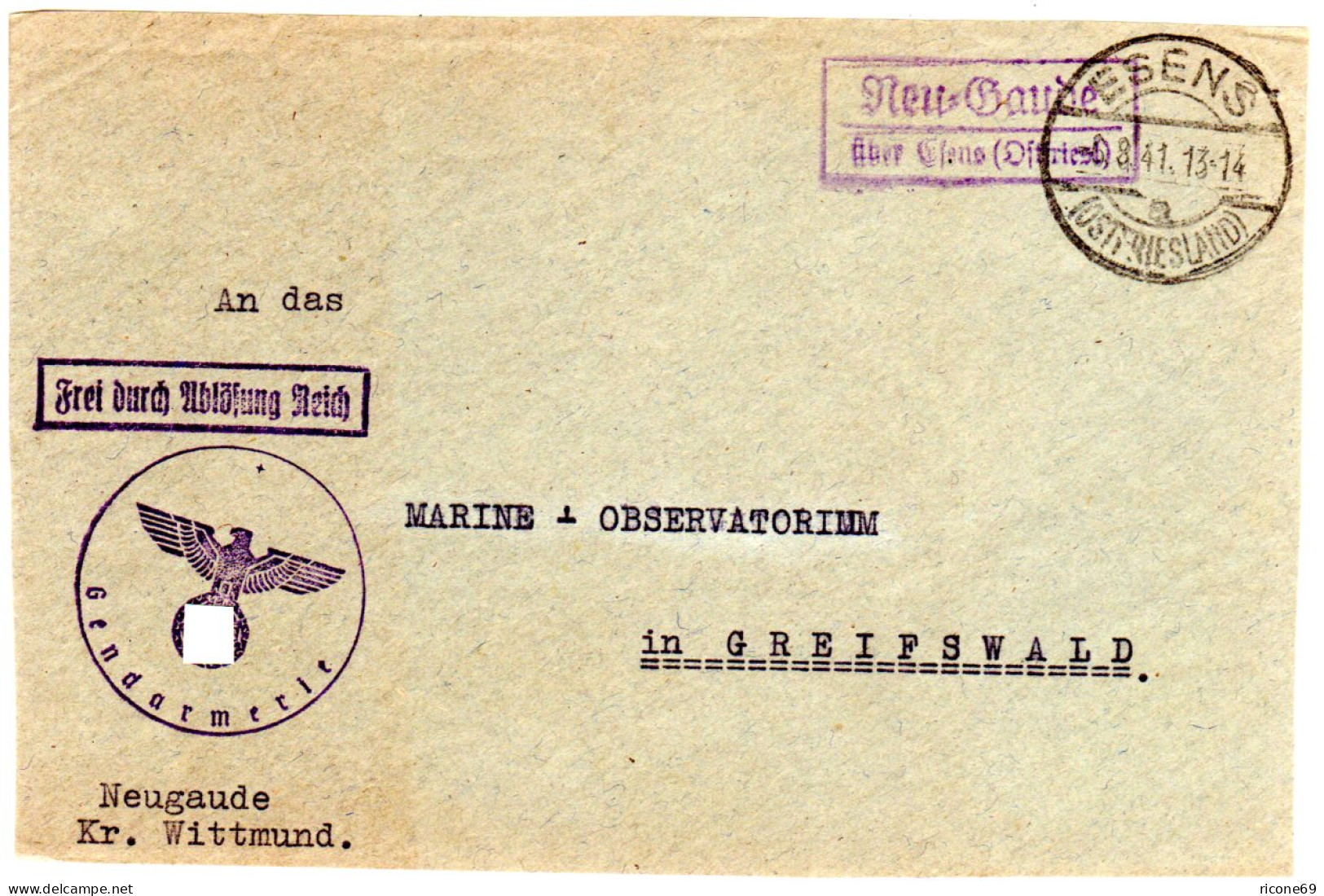 DR 1941, Landpoststpl. NEU-GAUDE über Esens (Ostfriesl) Auf Feldpost Briefteil  - Briefe U. Dokumente