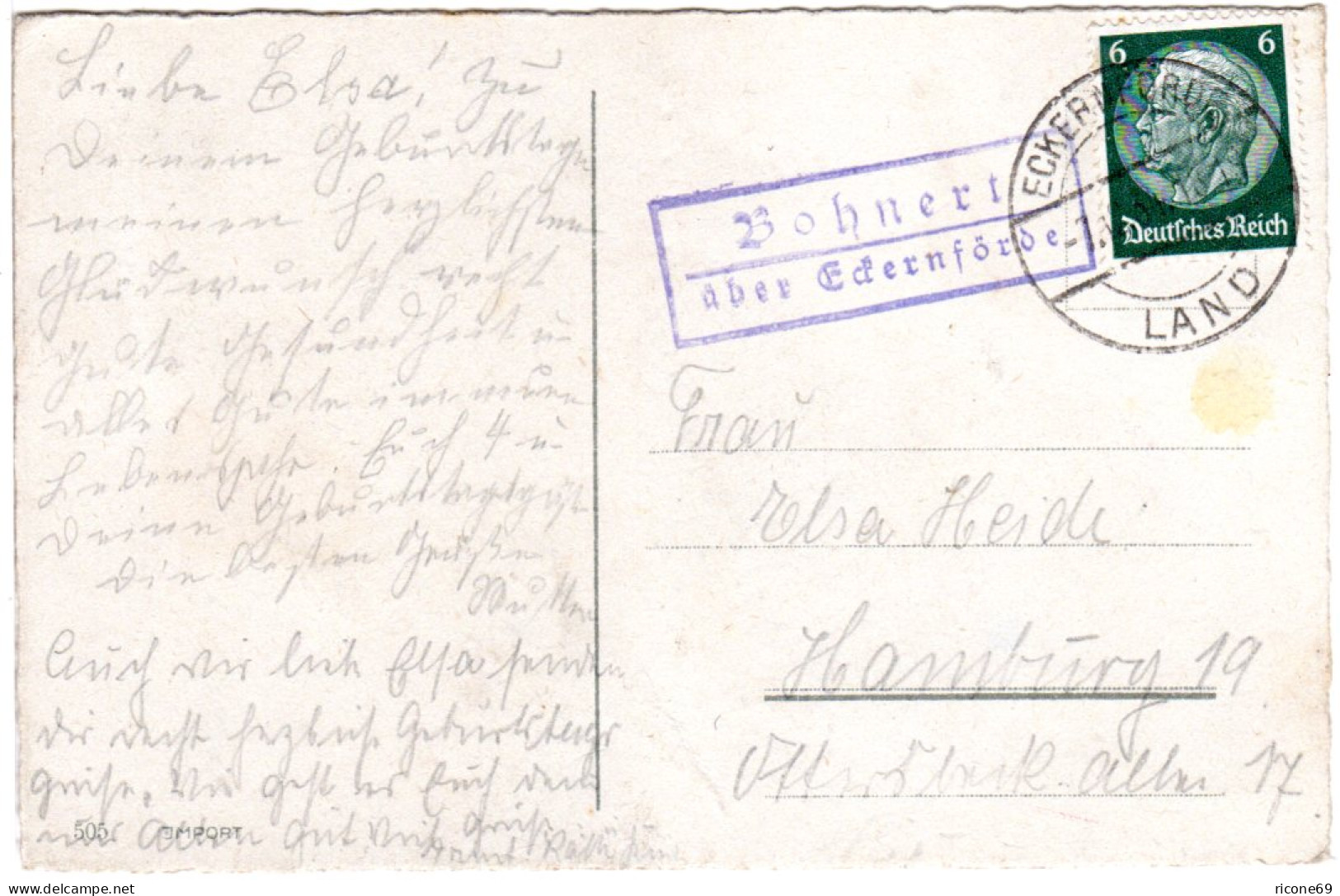 DR 1934, Landpost Stpl. BOHNERT über Eckernförde Auf Karte M. 6 Pf. - Cartas & Documentos