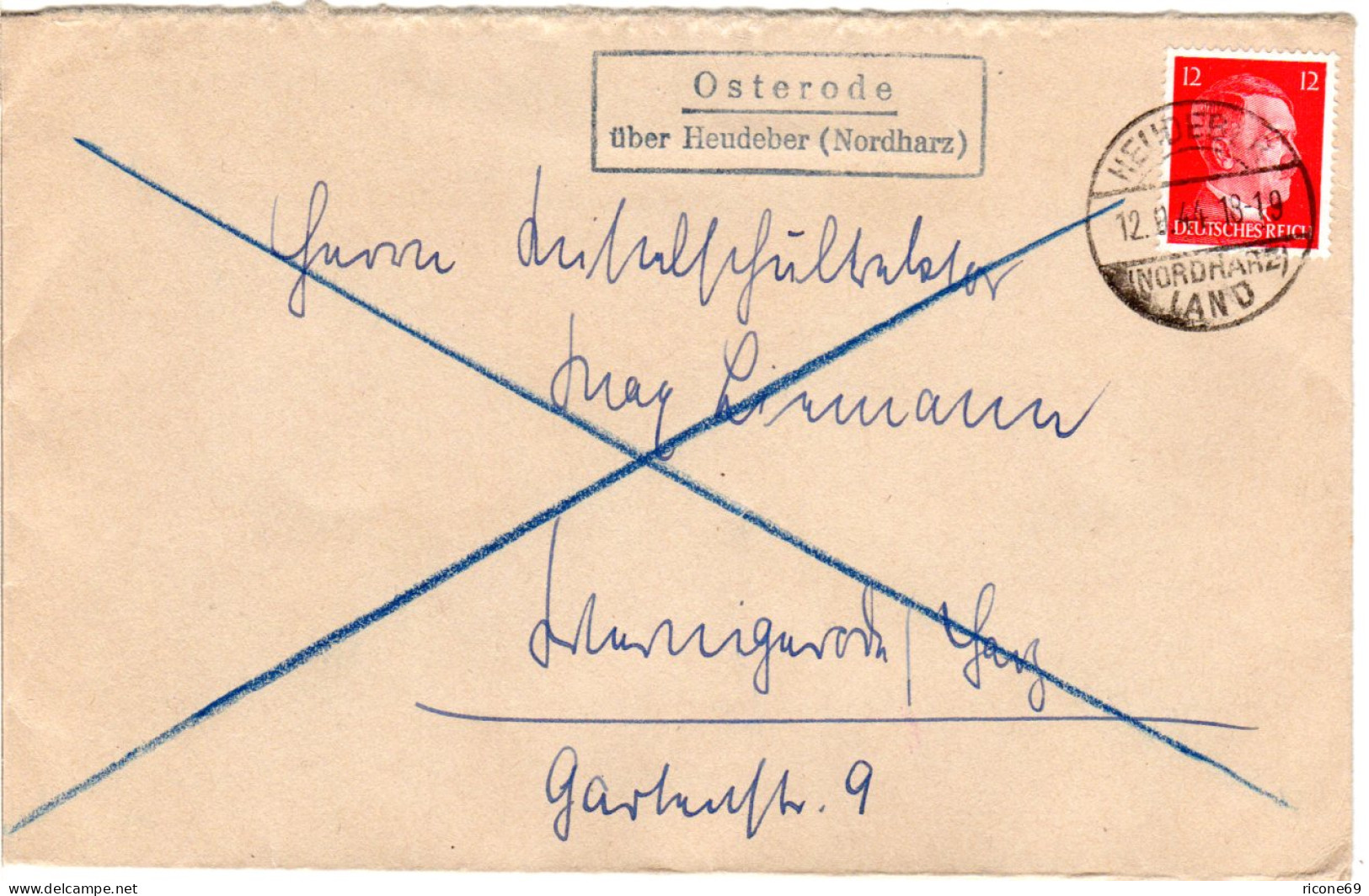 DR 1944, OSTERODE über Heudeber (Nordharz), Landpost Stpl. Auf Brief M. 12 Pf. - Covers & Documents