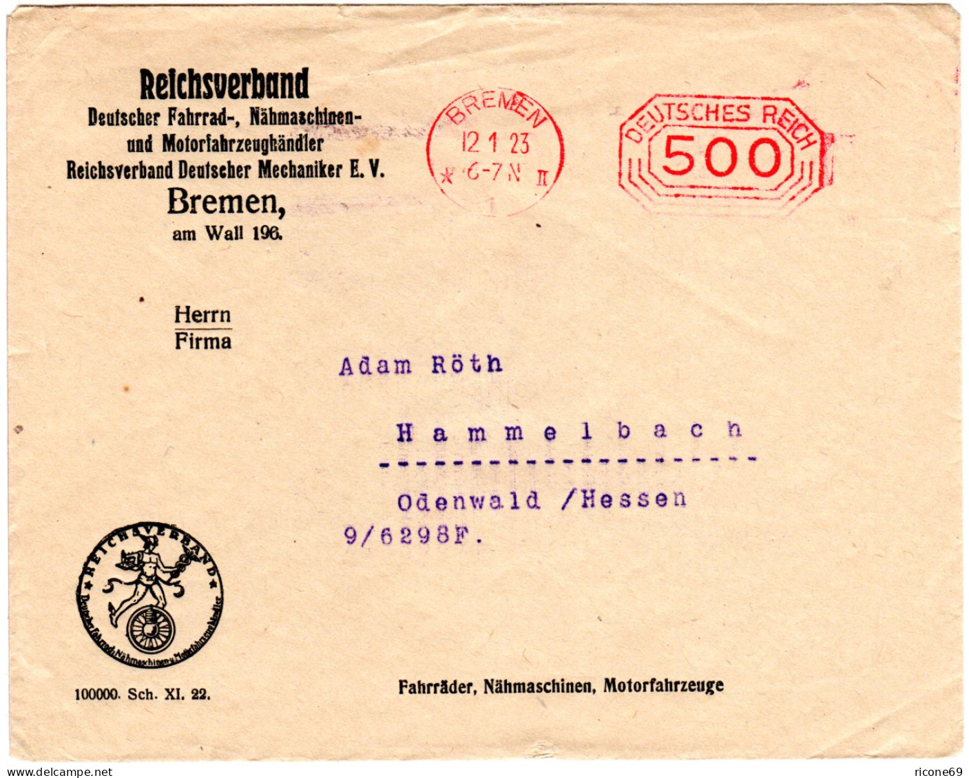 DR 1923, 500 Mk Post-Freistempel Auf Fahrrad Verband Vordruck Umschlag V. Bremen - Covers & Documents