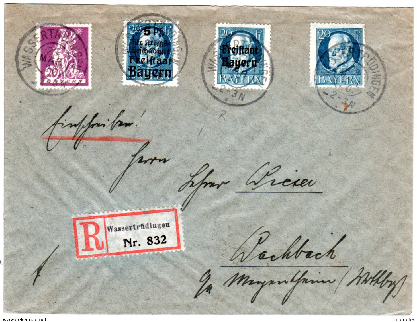 Bayern 1920, Reservestpl. WASSERTRÜDINGEN R Auf Einschreiben Brief M. 4x20 Pf. - Cartas & Documentos