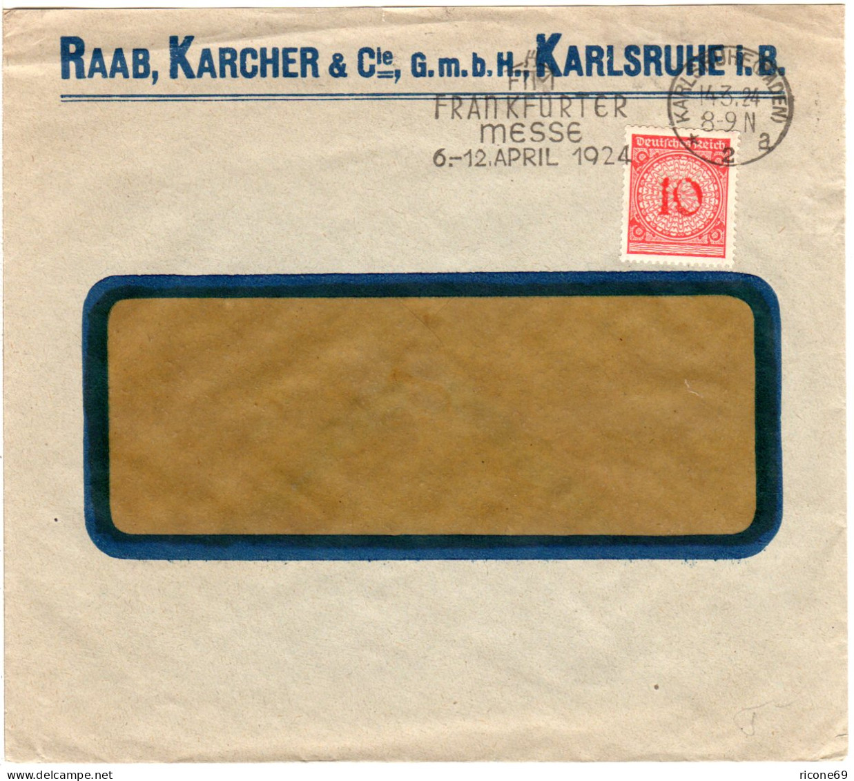 DR 1924, 10 Pf. M. Perfin RK Auf Raab Karcher Firmen Umschag V. Karlsruhe - Cartas & Documentos