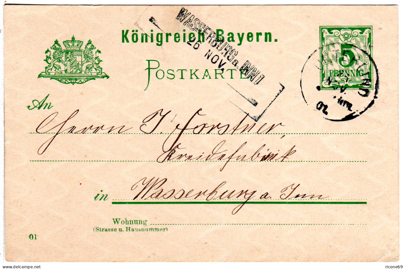 Bayern 1900, L2-Aushilfstpl. WASSERBURG Als Ank.Stpl. Auf Ganzsache V. Unterlind - Storia Postale