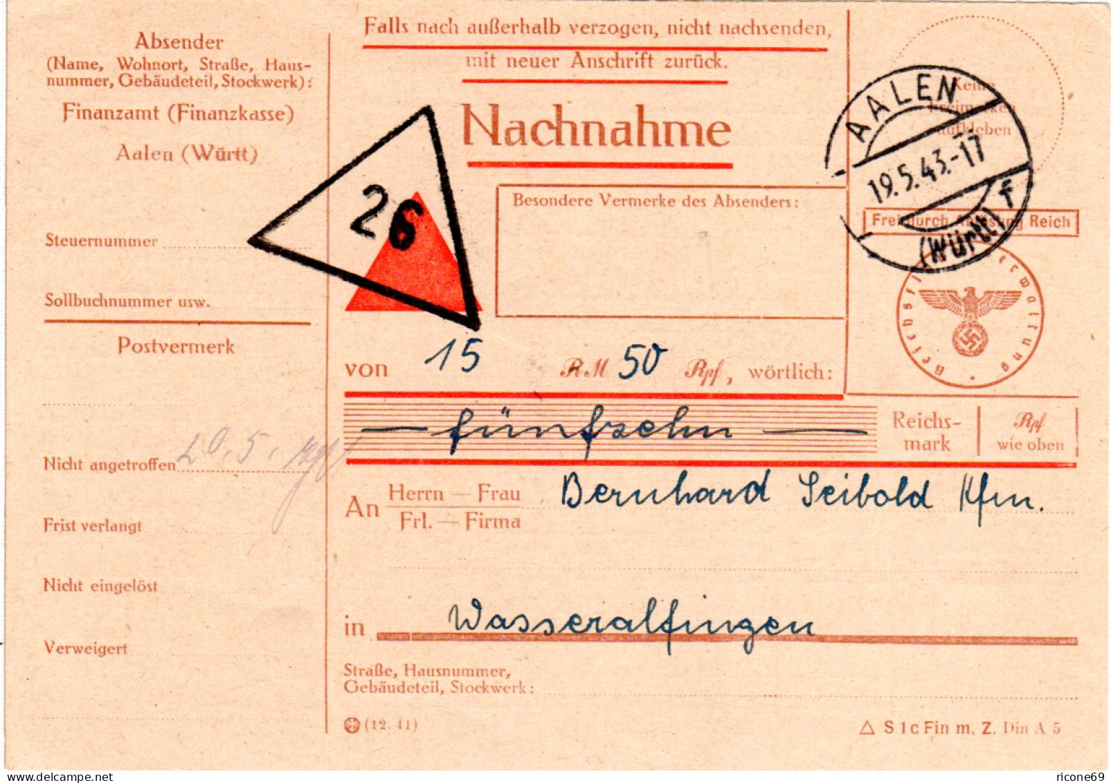 DR 1944, Finanzamt Aalen, Nachnahme Karte Frei Durch Ablösung Reich  - Briefe U. Dokumente
