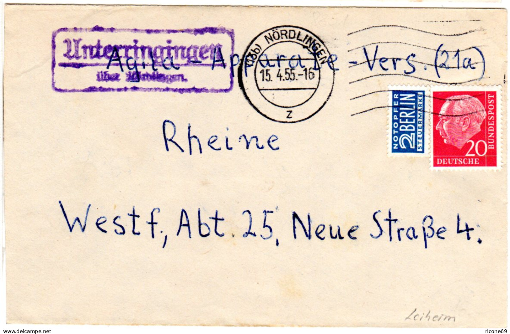 BRD 1955, Landpost Stpl. UNTERRINGINGEN über Nördlingen Auf Brief V. Leiheim - Lettres & Documents
