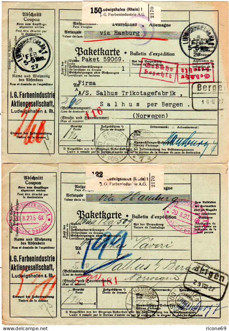 DR 1927, 2 Paketkarten M. Gebühr Bezahlt Stempeln V. Ludwigshafen N. Norwegen - Lettres & Documents