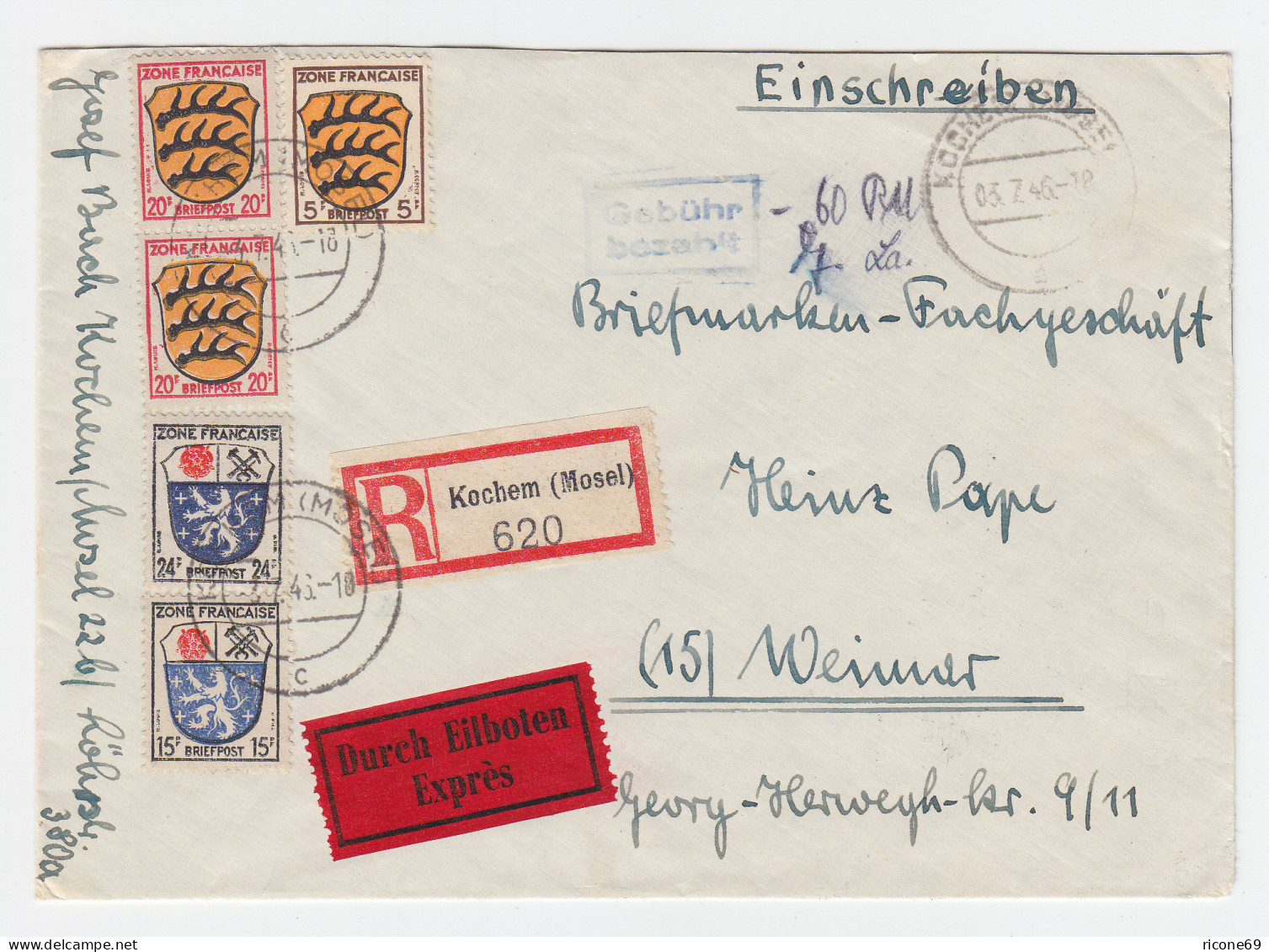Franz. Zone 1946, 5 Werte + Geb. Bez. Auf Einschreiben Eilboten Brief V. Kochem - Emissions Générales