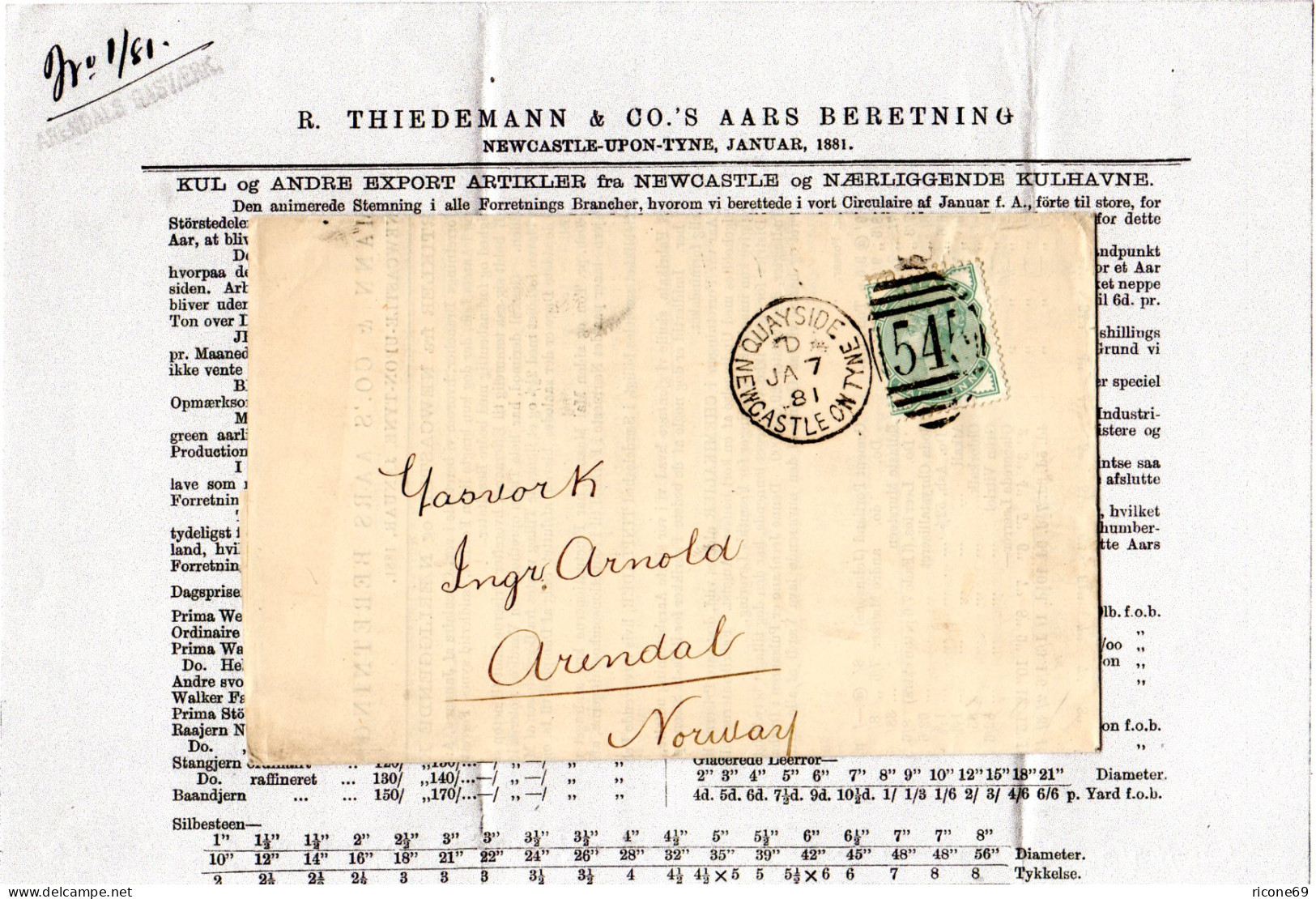 GB 1881, 1/2d Auf Faltdrucksache V. Quayside Newcastle N. Arendal Norwegen - Autres & Non Classés