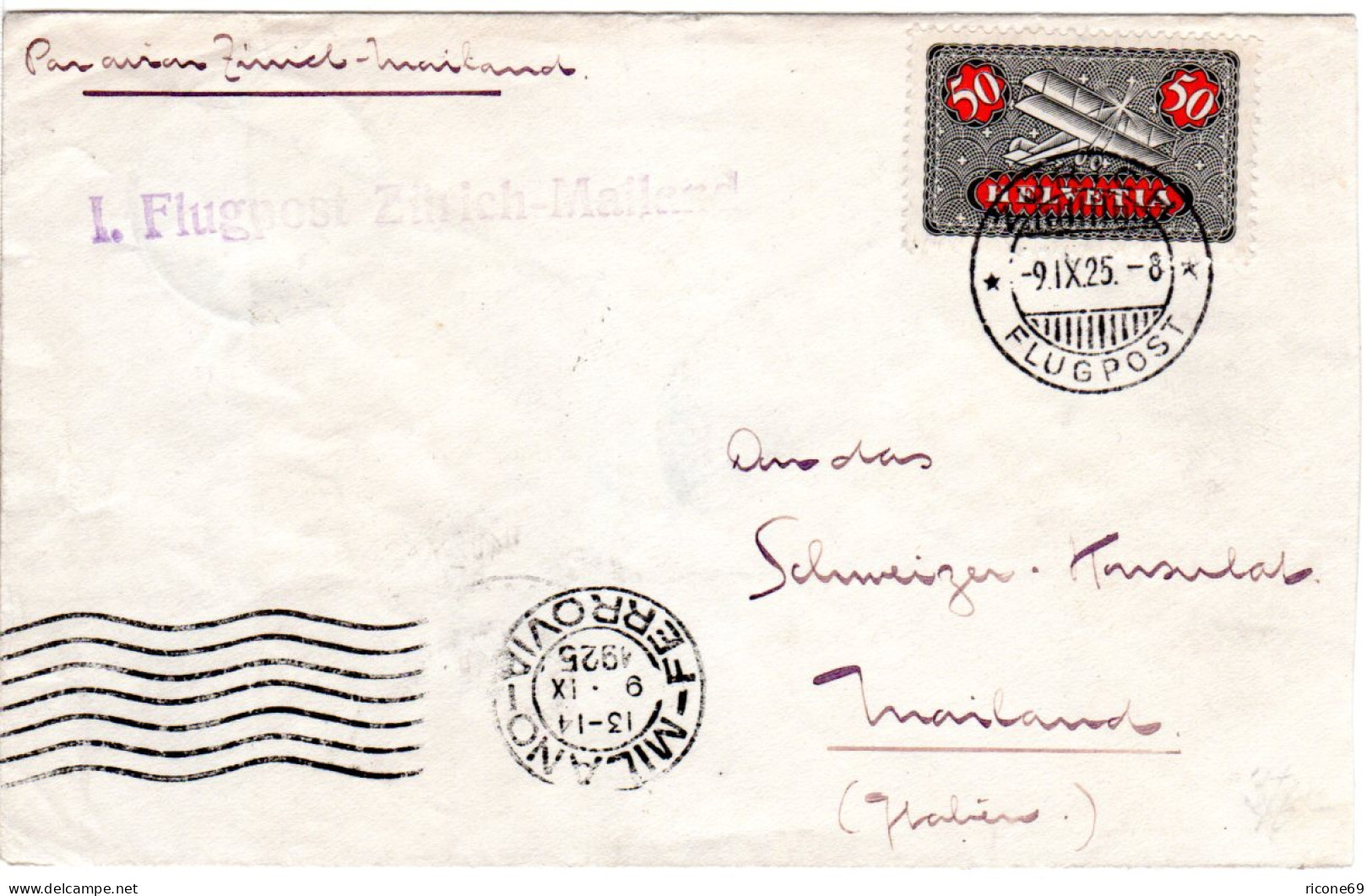 Schweiz 1925, 1. Flugpost Zürich-Mailand, Brief M. 50 C.  - Lettres & Documents