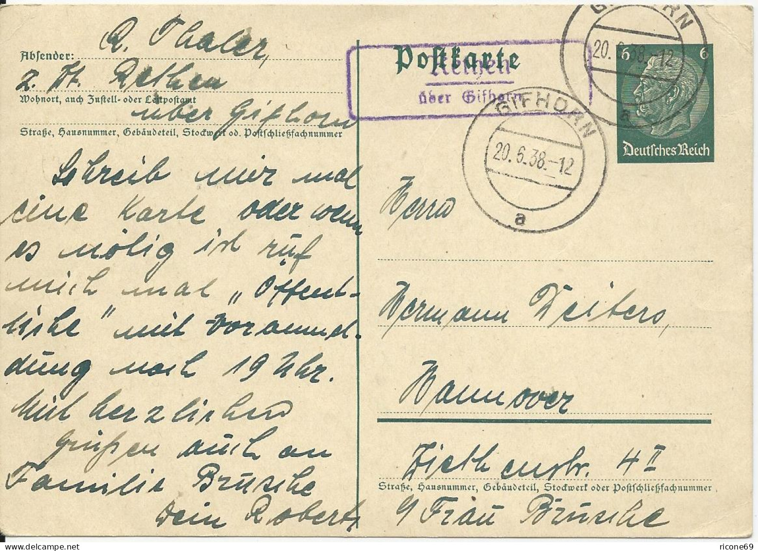 DR 1938, Rethen über Gifhorn, Landpost Stempel Auf 6 Pf. Ganzsache - Covers & Documents