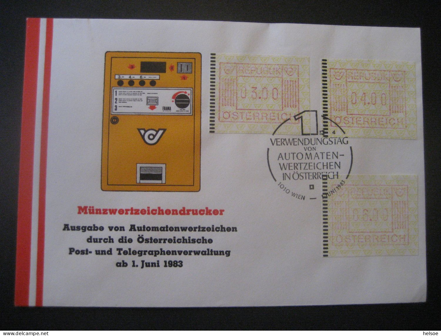 Österreich- FDC Sonder-Beleg Wertzeichendrucker Frama Automatenmarke 3,00, 4,00, 6,00 MiNr. 1, - Machine Labels [ATM]