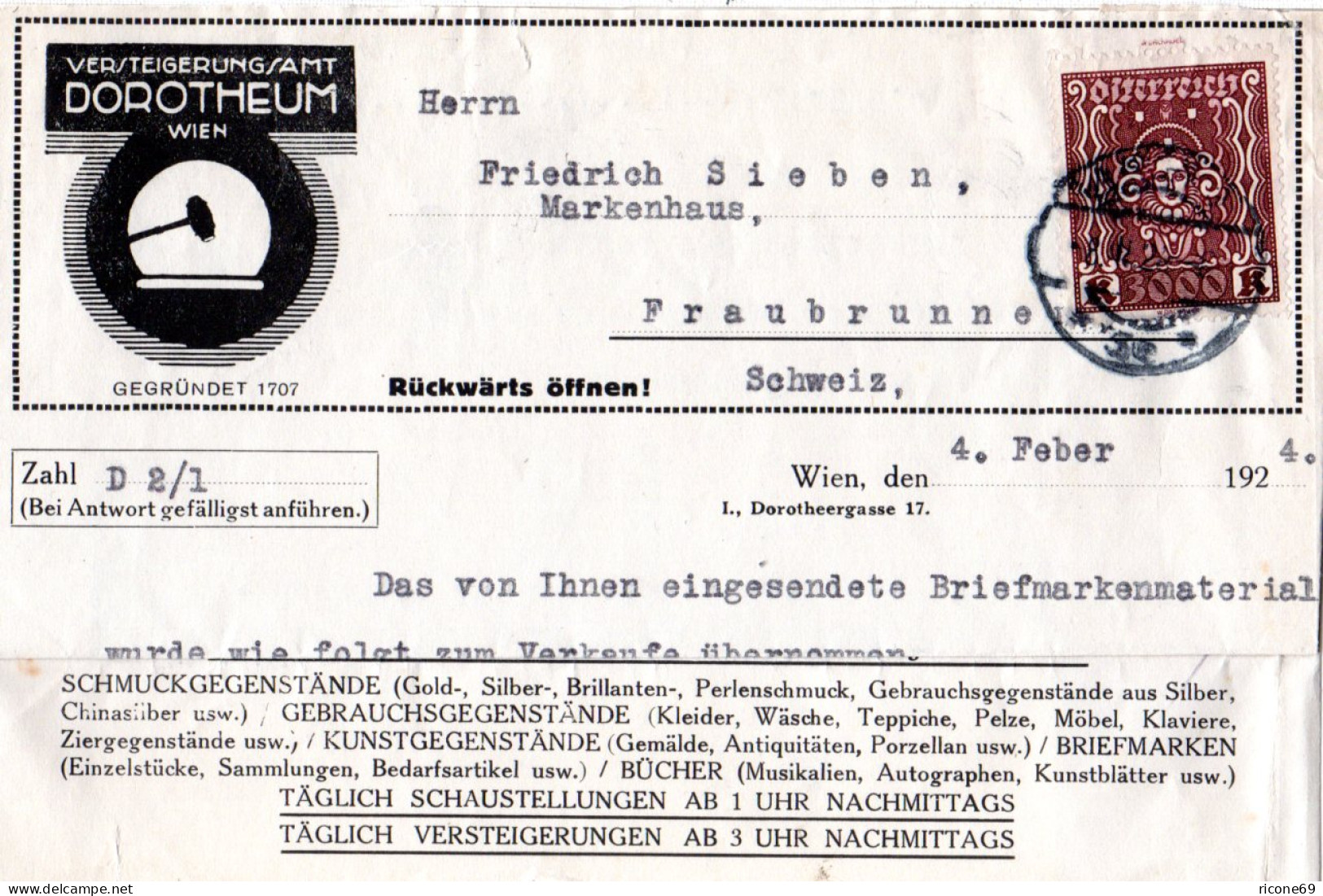 Österreich 1924, 3000 K. Auf Dorotheum "Faltpost"-Brief V. Wien I.d. Schweiz - Briefe U. Dokumente