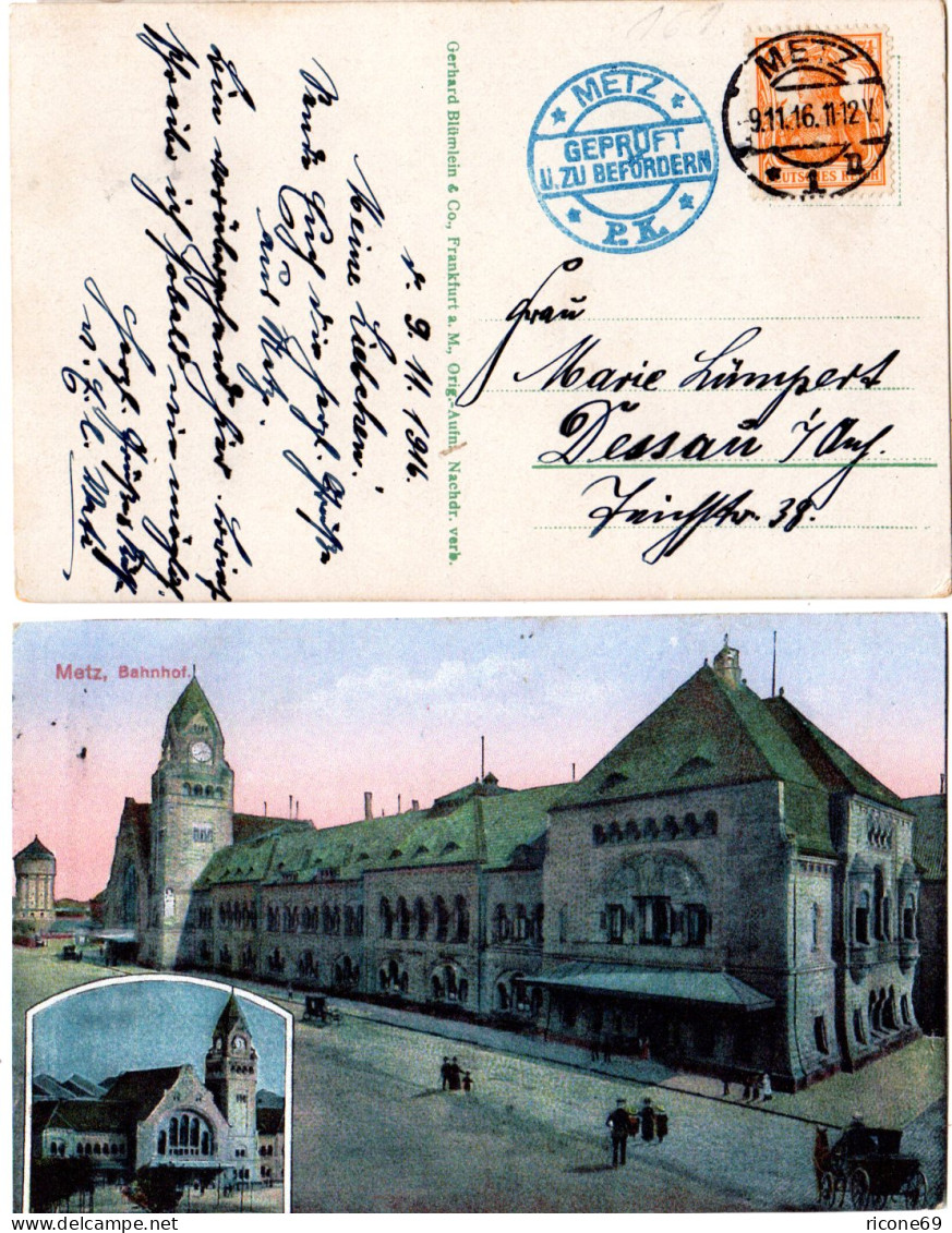 Frankreich, Metz Bahnhof, 1916 Gebr. Farb-AK M. Zensur - Ehemalige Dt. Kolonien