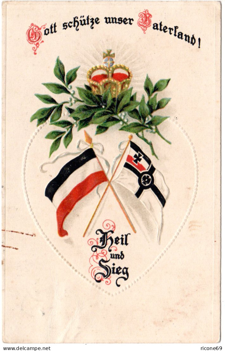 WK I, Heil Und Sieg, Gott Schütze Unser Vaterland, 1915 Gebr. Präge Farb-AK - Geschiedenis