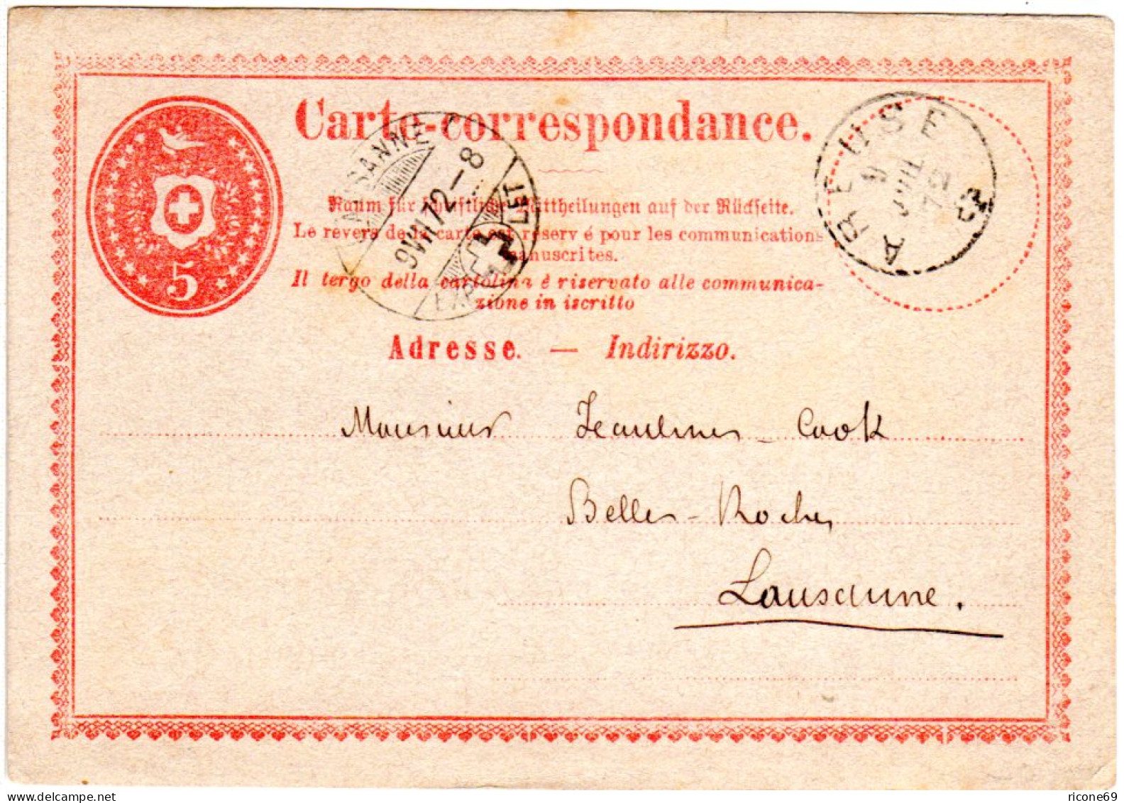 Schweiz 1872, Fingerhut Stpl. AREUSE Auf 5 C. Ganzsache  - Covers & Documents