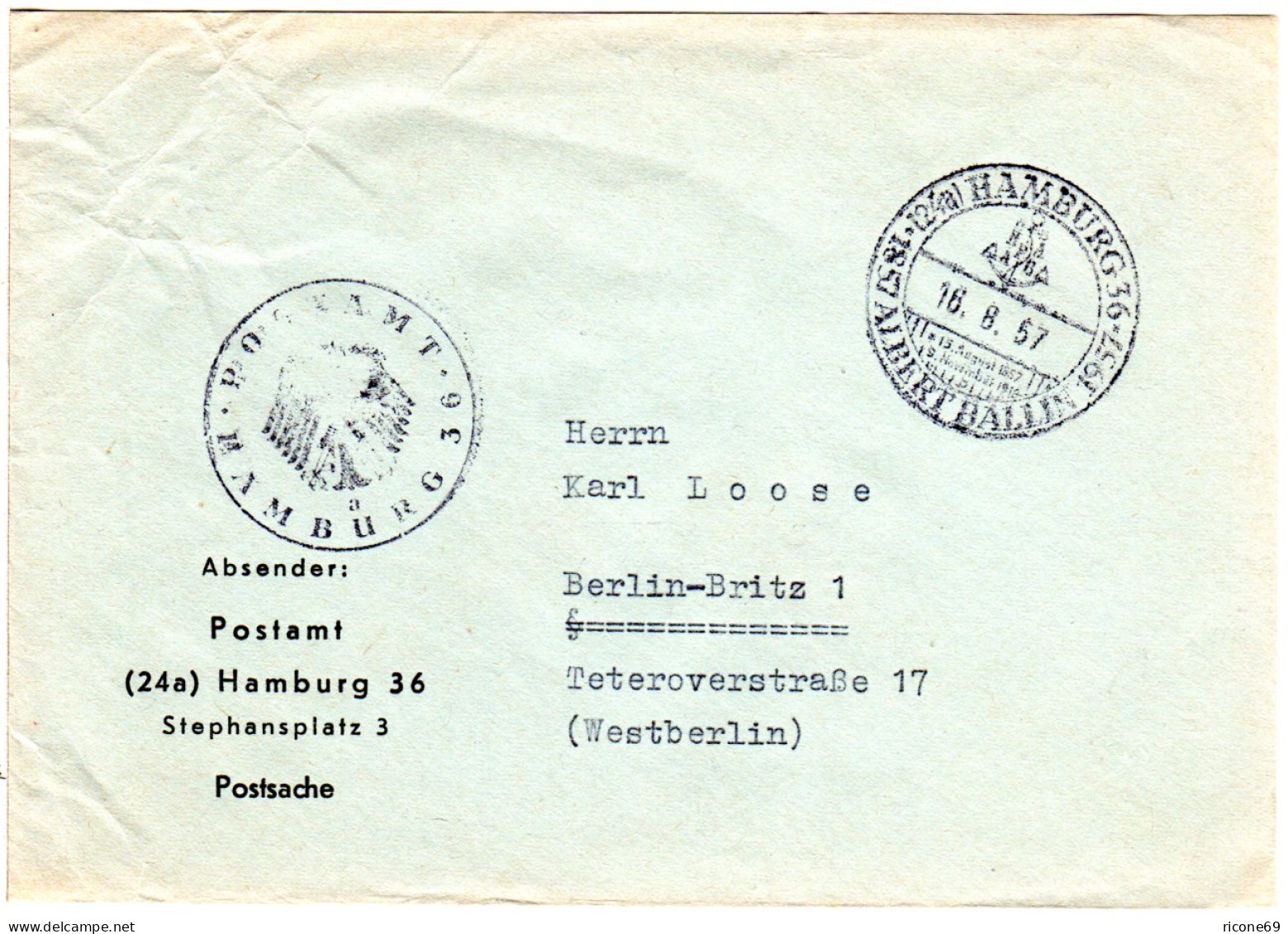 BRD 1957, Portofreier Postsache Brief V. Hamburg M. Albert Ballin Sonderstempel - Covers & Documents