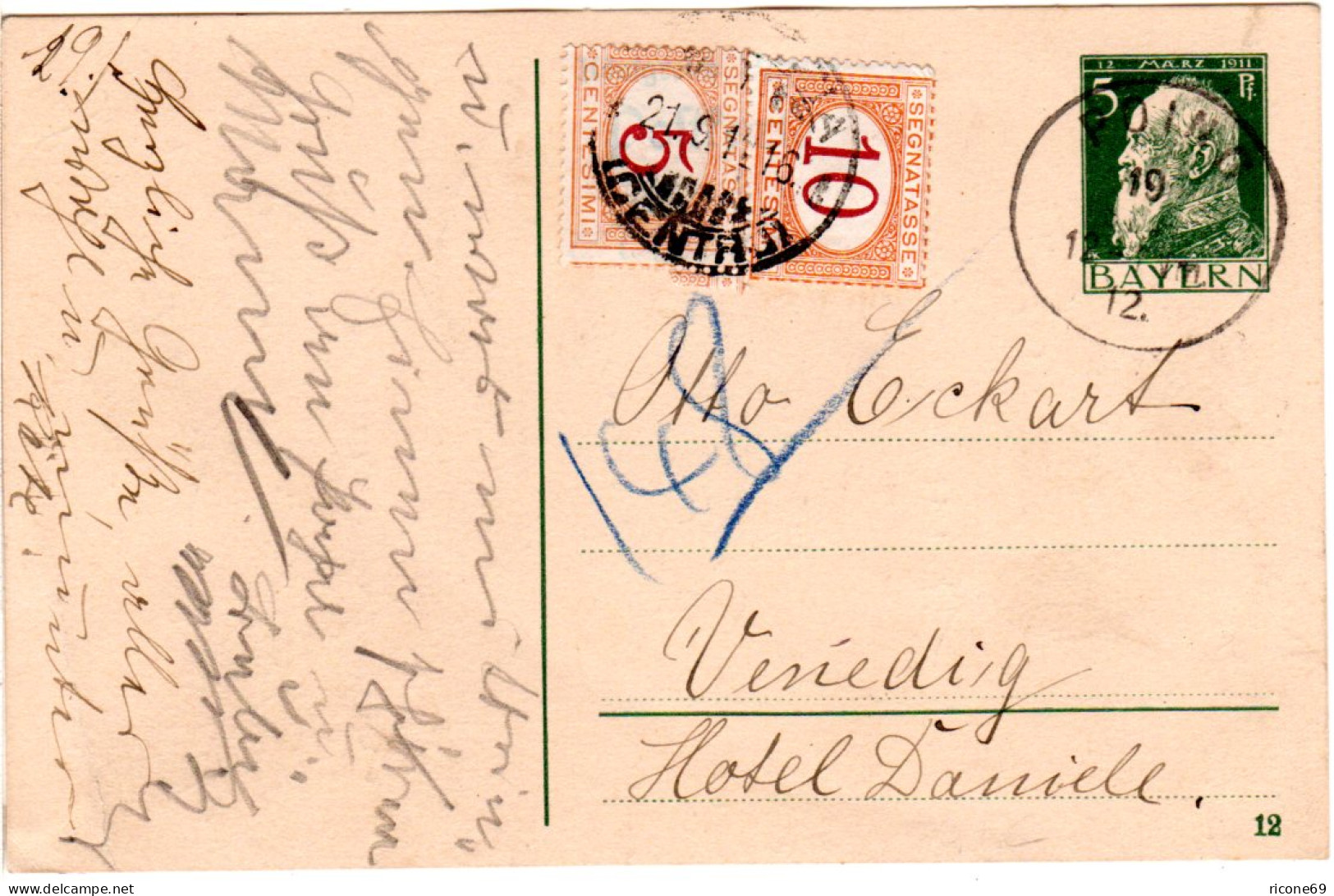 Bayern 1912, 5 Pf. Ganzsache V. K1 POING N. Venedig M. Italien Porto 5+10 C. - Lettres & Documents