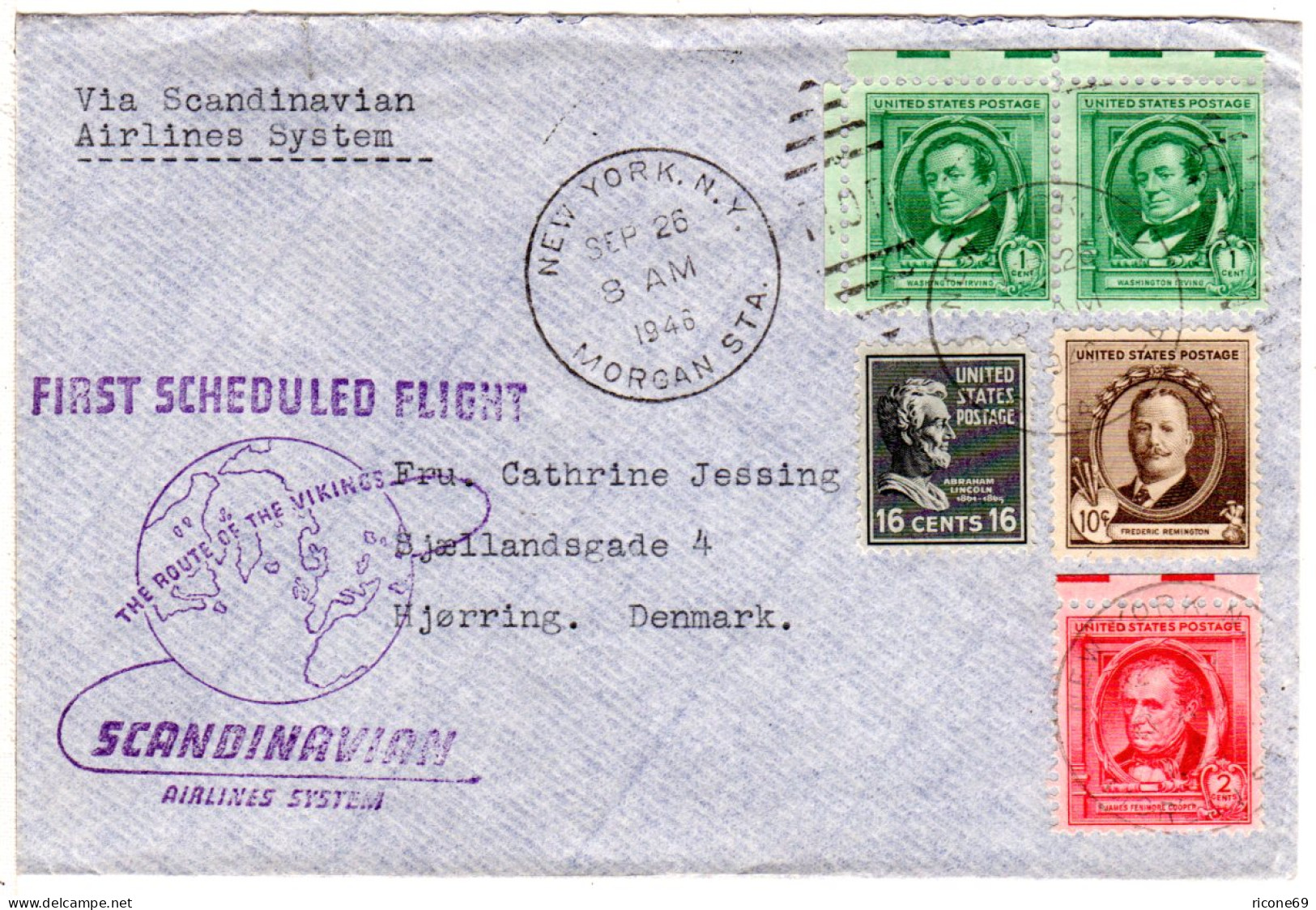 USA 1946, 5 Stamps On SAS 1st. Flight Cover From New York To Denmark - Autres & Non Classés