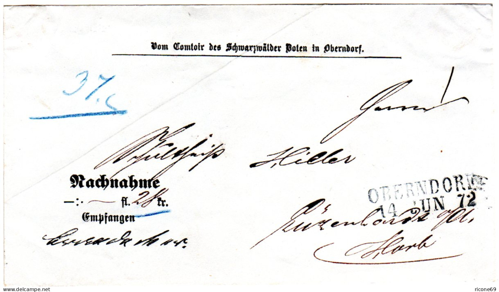 Württemberg 1872, L2 OBERNDORF Auf Vordruck NN-Brief Des Schwarzwälder Boten - Storia Postale