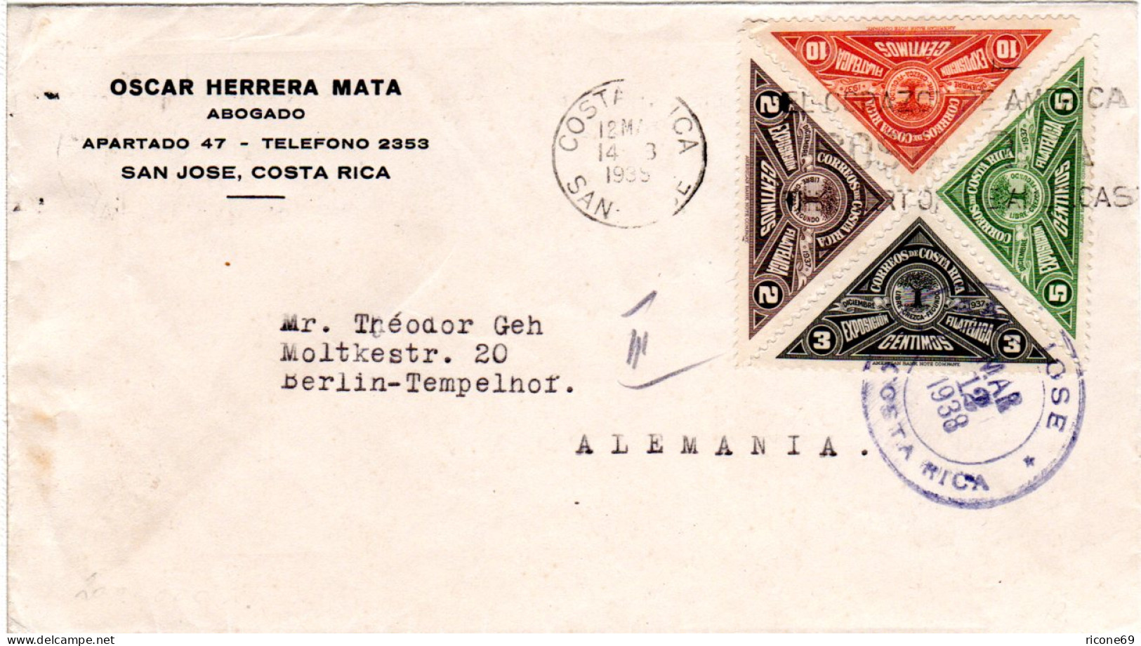 Costa Rica 161/64, 4 Dreiecksmarken Zur Briefmarkenausstellung Kpl. Auf Brief - Costa Rica
