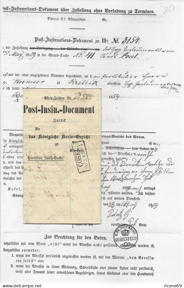 Preussen 1859, Insinuations Dokument M. R2 COSEL. Polen. - Brieven En Documenten