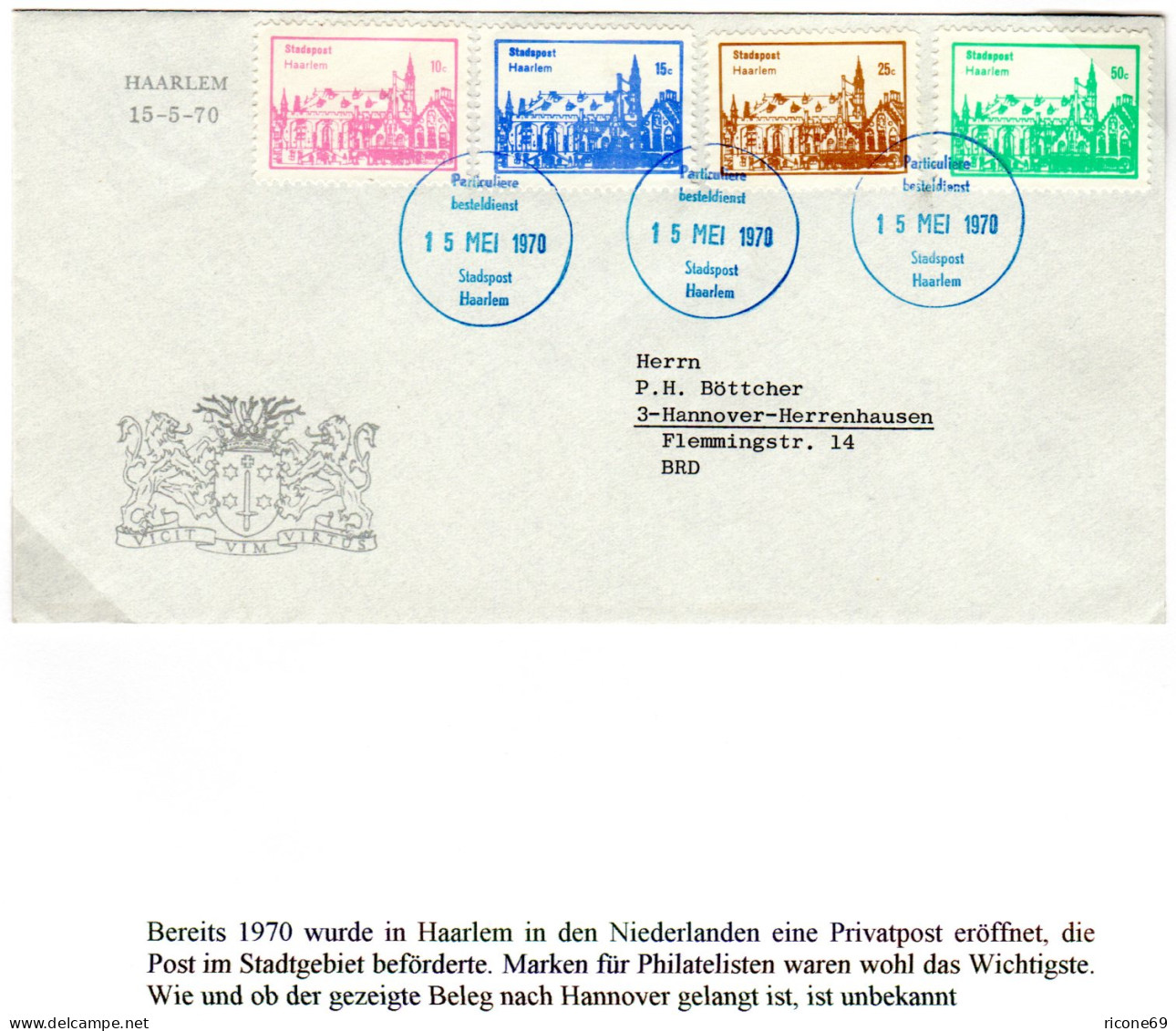 NL 1970, Private Stadtpost HAARLEM, 4 Marken Auf Brief N. Hannover - Andere & Zonder Classificatie