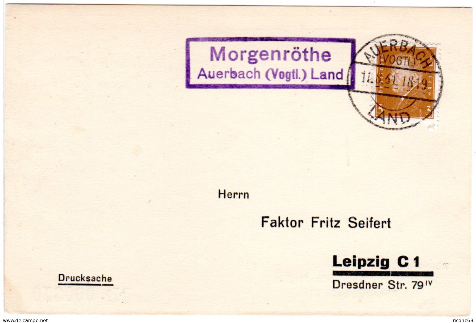 DR 1931, Landpost Stpl. MORGENRÖTHE Auerbach Land Auf Karte M. 3 Pf. - Lettres & Documents