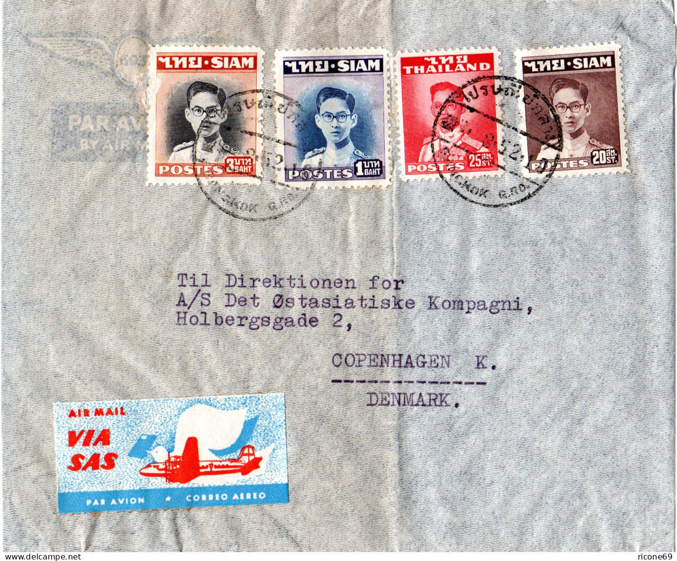 Thailand 1952, 4 Marken Auf Luftpost Brief M. SAS Air Mail Label N. Dänemark - Sonstige - Asien