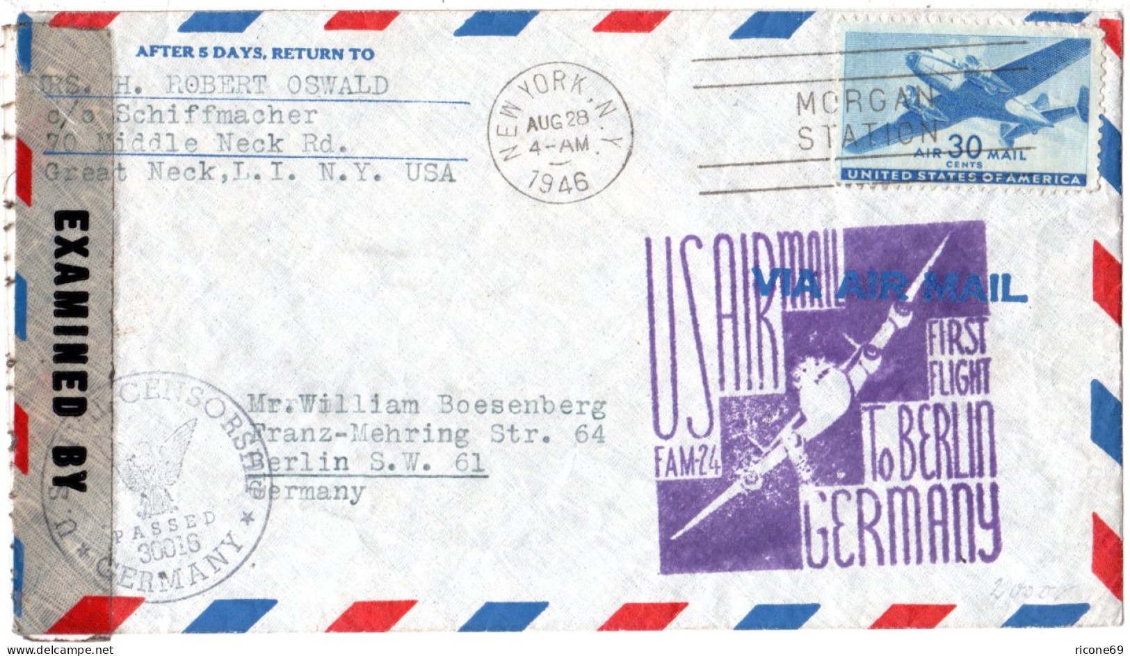 USA Deutschland 1946, 30 C. Auf Erstflug Brief New York Berlin M. Zensur. - Autres & Non Classés