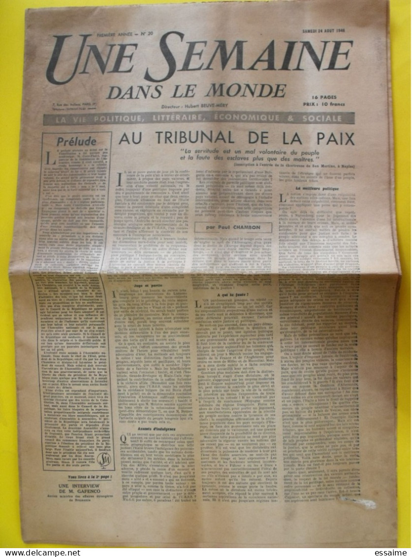 Hebdo Une Semaine Dans Le Monde N° 20 Du 24 Août 1946. Pilniak  Coloies Françaises Chambon - Sonstige & Ohne Zuordnung