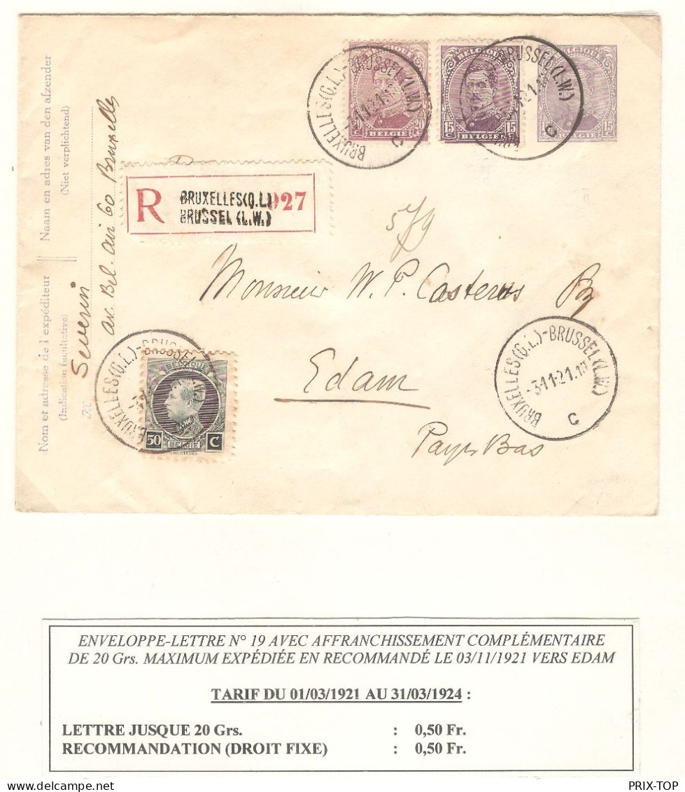 Entier Enveloppe-Lettre N°19 + TP Expédiée En Recommandée Obl. BXL QL 31/1/21 > Edam Pays - Bas - Lettres & Documents