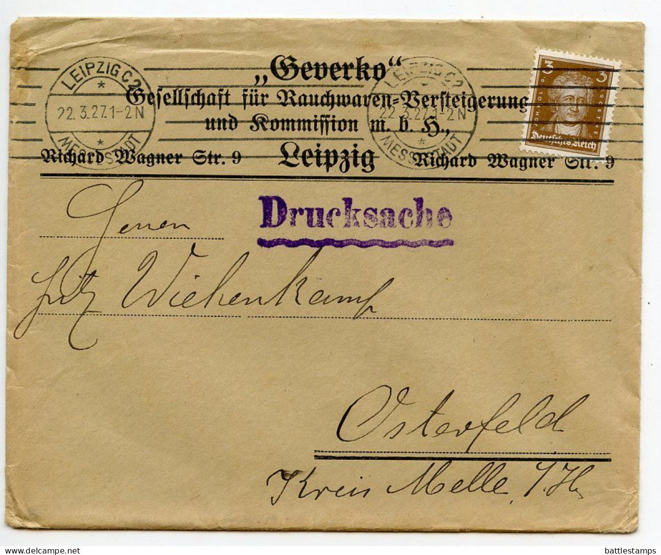 Germany 1927 Cover & Letters; Leipzig - Geverko, Gesellschaft Für Rauchwaren-Versteigerung Und Kommission; 3pf. Geothe - Covers & Documents