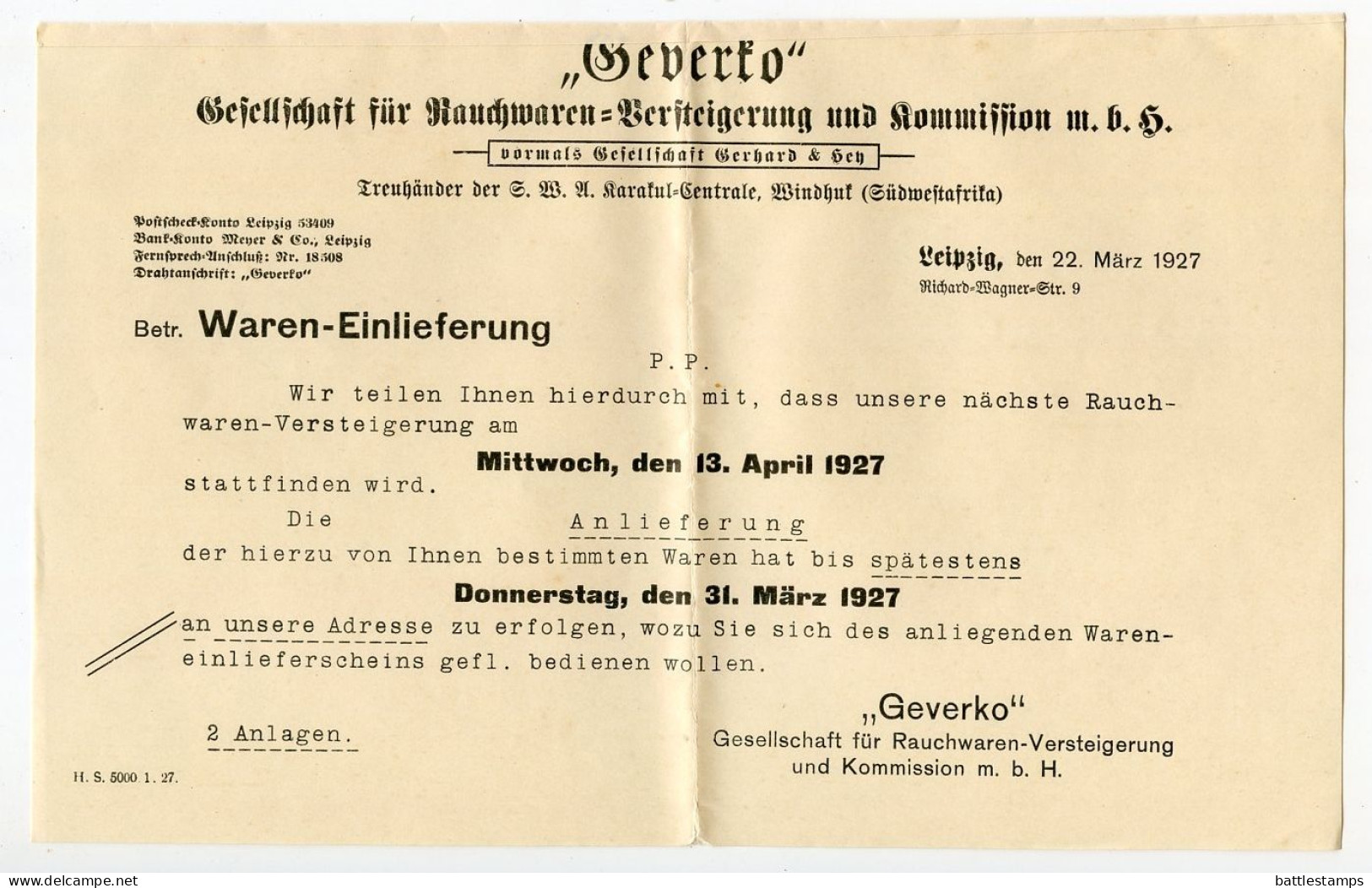 Germany 1927 Cover & Letters; Leipzig - Geverko, Gesellschaft Für Rauchwaren-Versteigerung Und Kommission; 3pf. Geothe - Briefe U. Dokumente