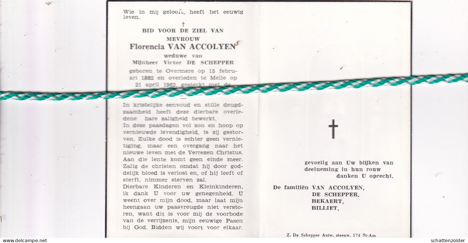 Florencia Van Accoleyen-De Schepper, Overmere 1882, Melle 1962 - Obituary Notices