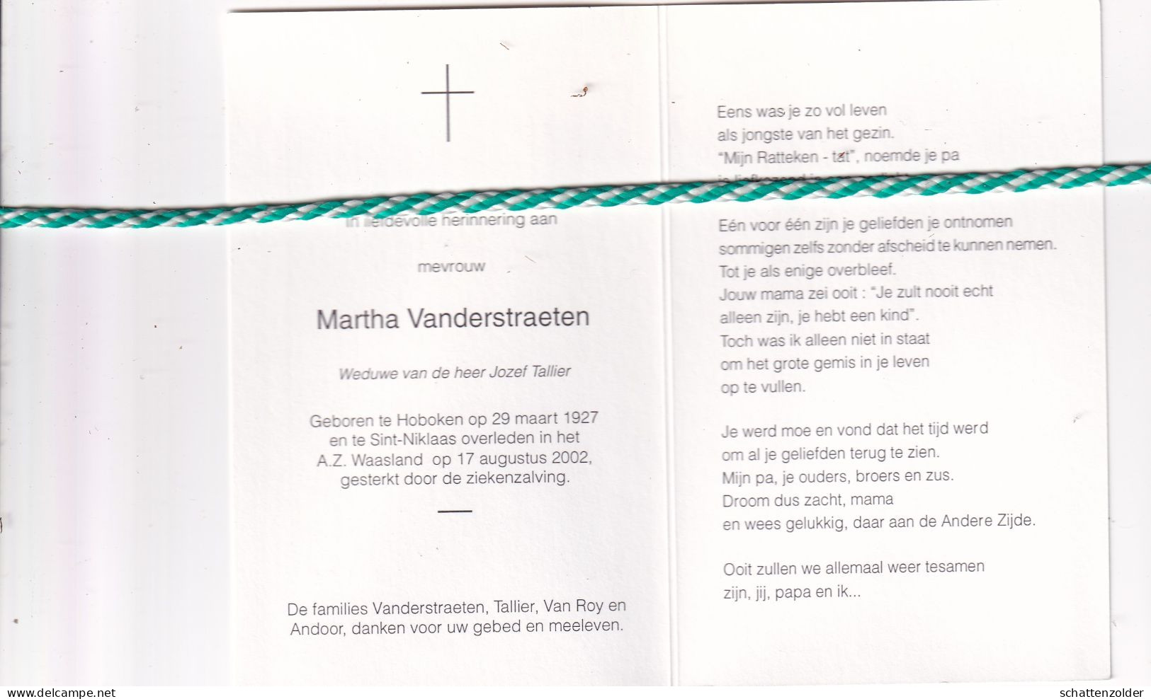 Martha Vanderstraeten-Tallier, Hoboken 1927, Sint-Niklaas 2002. Foto - Overlijden
