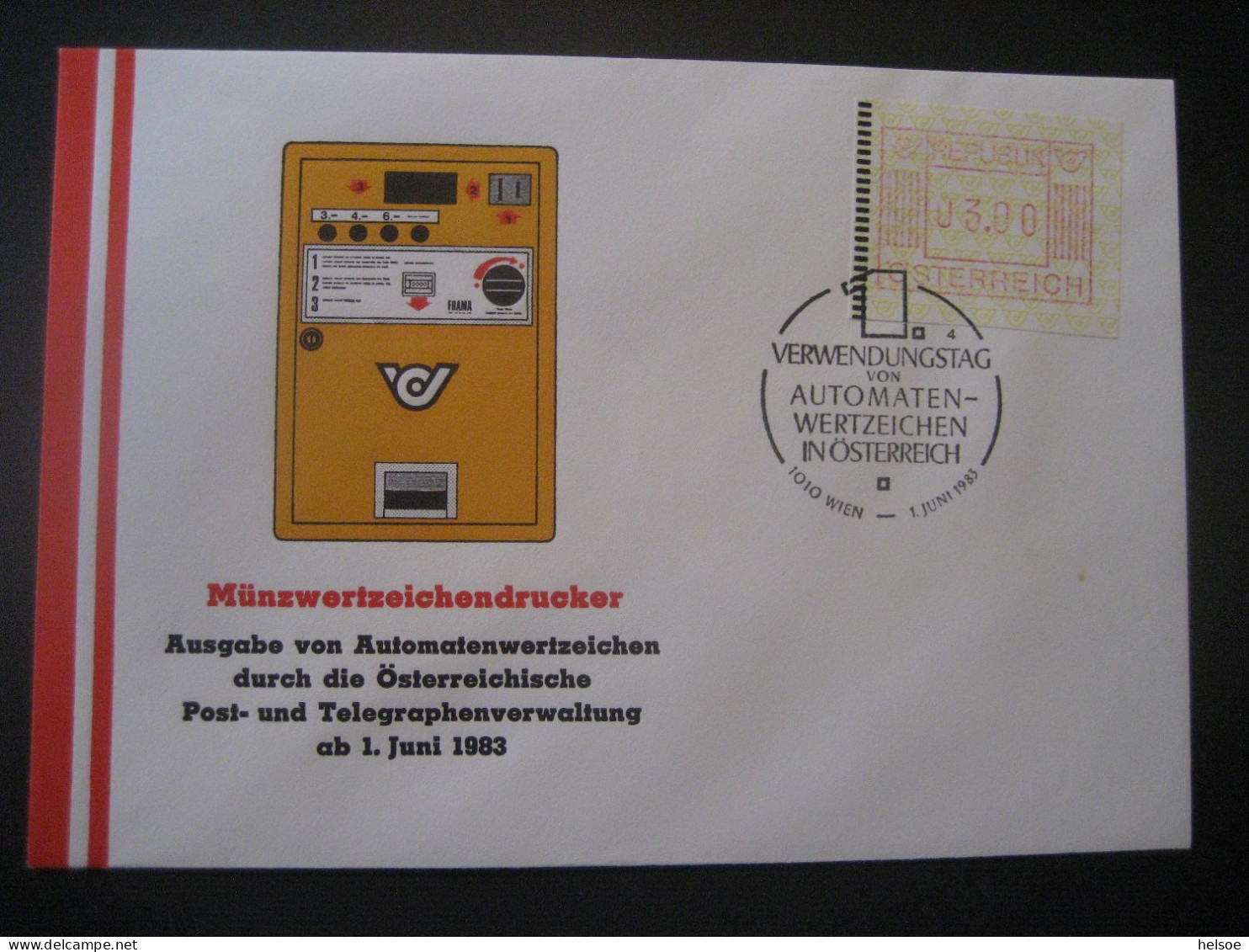 Österreich- FDC Sonder-Beleg  Münzwertzeichendrucker Frama Automatenmarke 3,00, MiNr. 1, - Automaatzegels [ATM]