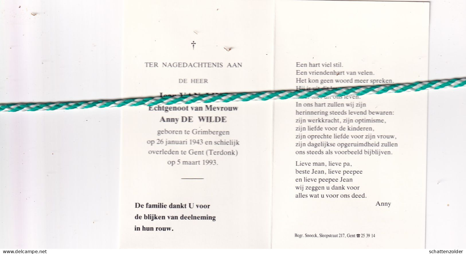 Jean Van Lint-De Wilde, Grimbergen 1943, Gent (Terdonk) 1993. Foto - Obituary Notices